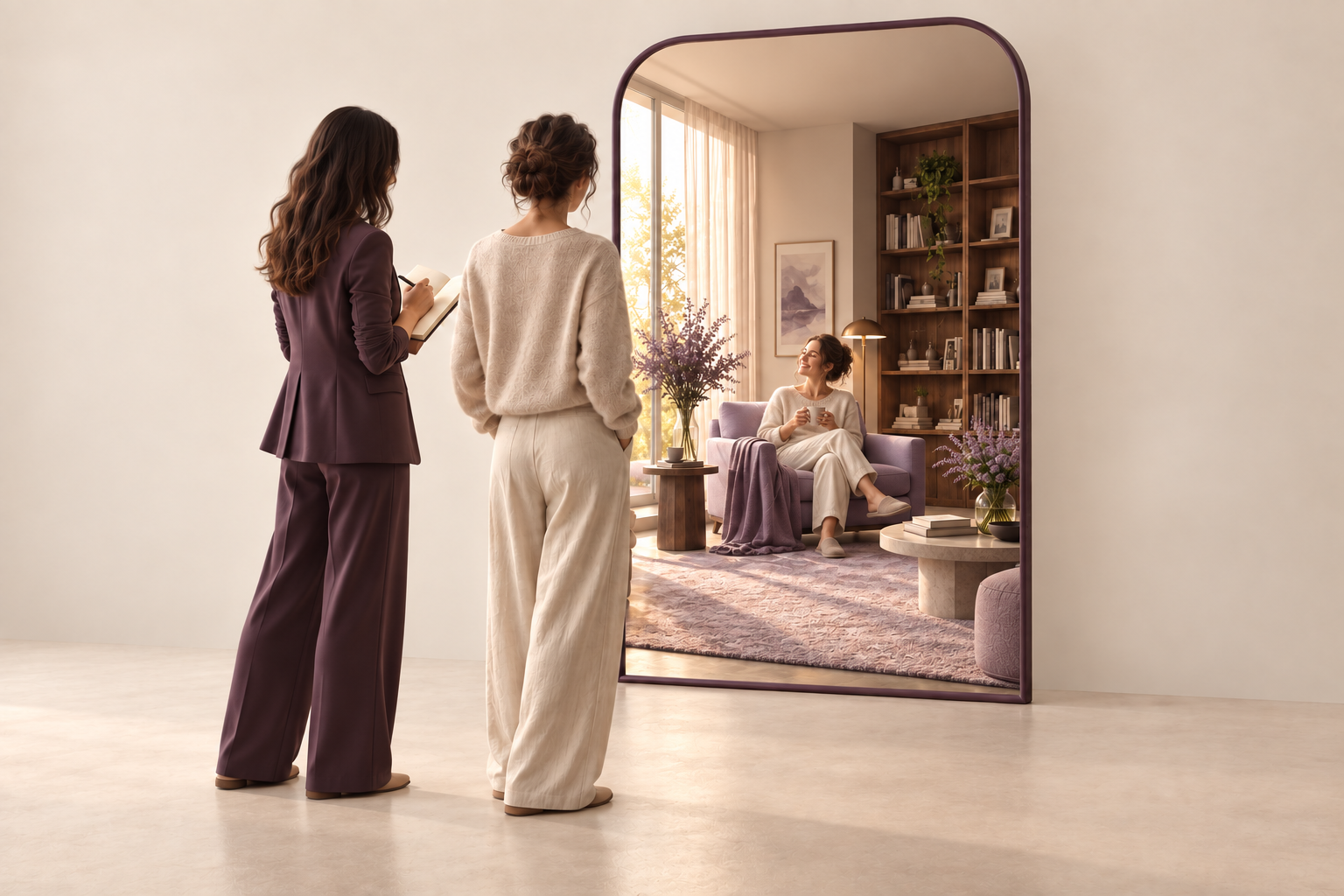 A client and consultant stand before a mirror reflecting the client seated happily in her personal living space.