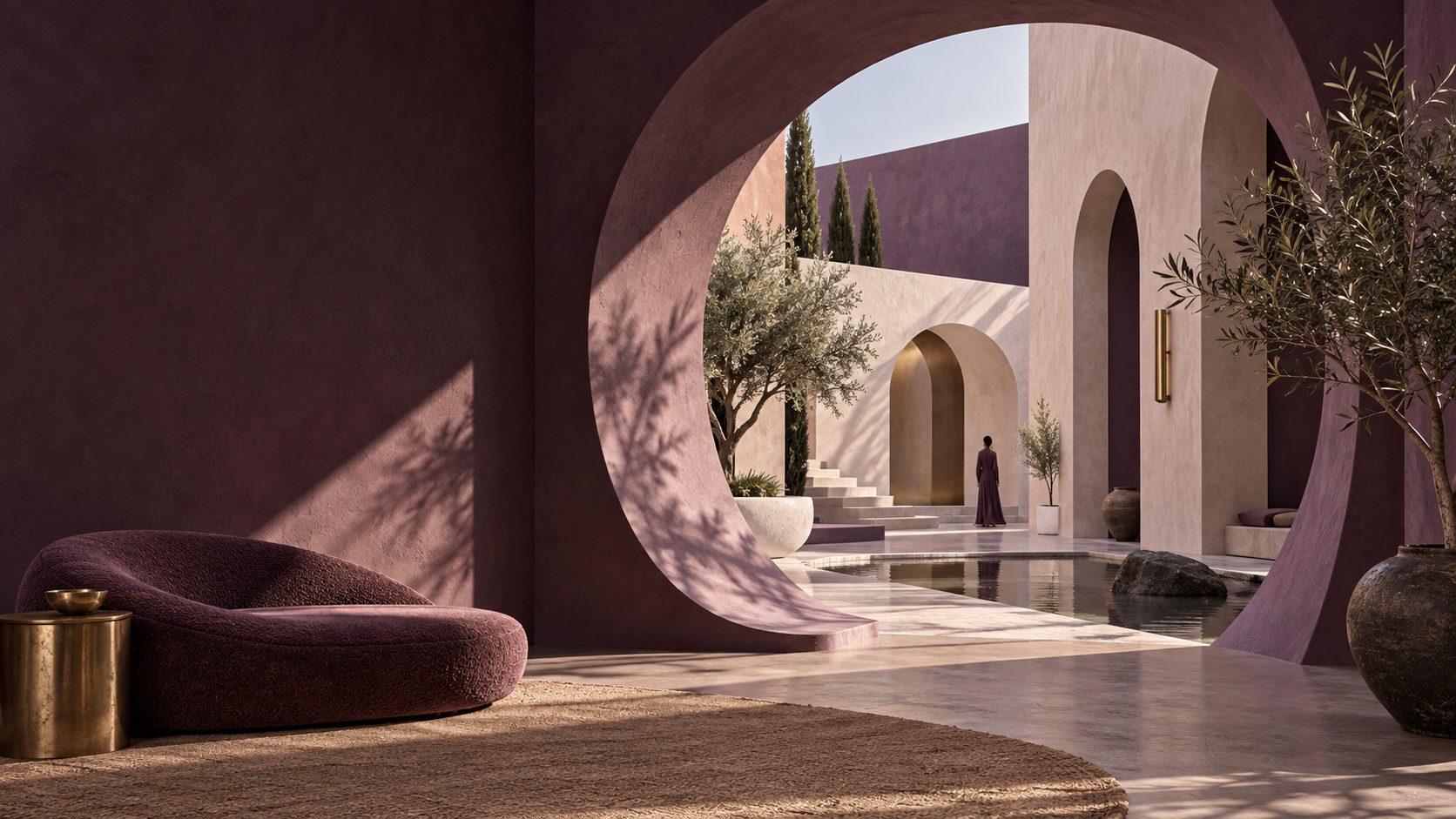 Sculptural purple arches opening onto a sunlit courtyard, an architectural illustration for Purple Bees.